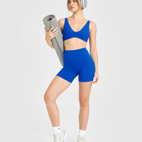 SoftMotion™ High Waisted Shorts 6" with White Logo | Light Cobalt Blue