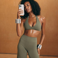 SoftMotion™ Minimal Halter Neck Bralette with White Logo | Alpine Green