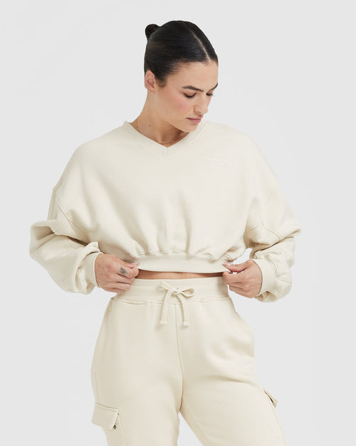 Oner Modal All Day Est 2020 Crop V-Neck Sweatshirt | Vanilla