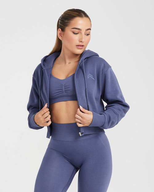Oner Modal Classic Lounge Cropped Zip Through Hoodie | Slate Blue