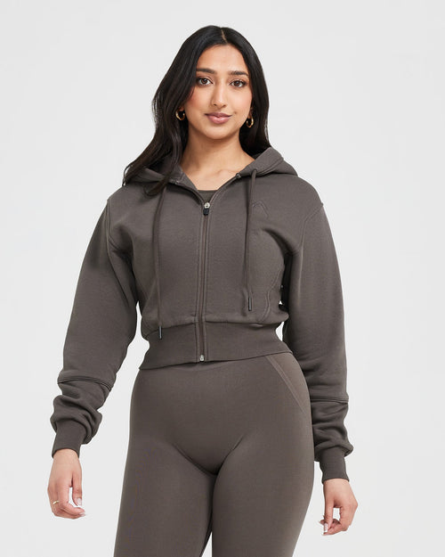 Oner Modal Classic Lounge Cropped Zip Through Hoodie | Deep Taupe