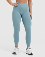 Effortless Seamless Leggings with White Logo | Steel Blue