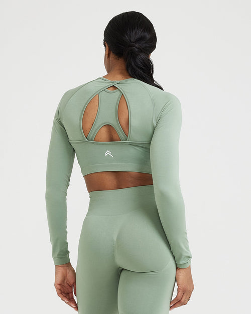Effortless Seamless Long Sleeve Crop Top with White Logo | Sage