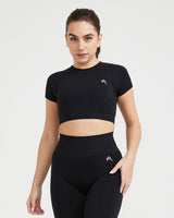 Effortless Seamless Short Sleeve Crop Top with White Logo | Black