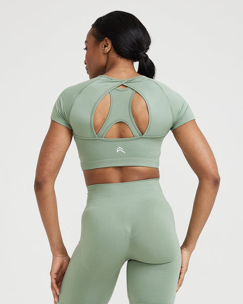 Effortless Seamless Short Sleeve Crop Top with White Logo | Sage