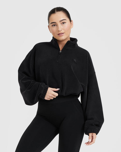 Oner Modal Fleece Oversized Crop 1/2 Zip Sweatshirt | Black