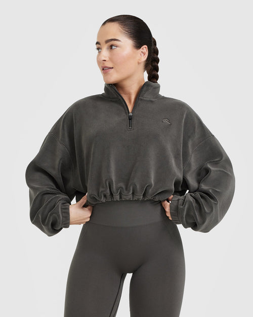 Oner Modal Fleece Oversized Crop 1/2 Zip Sweatshirt | Deep Taupe